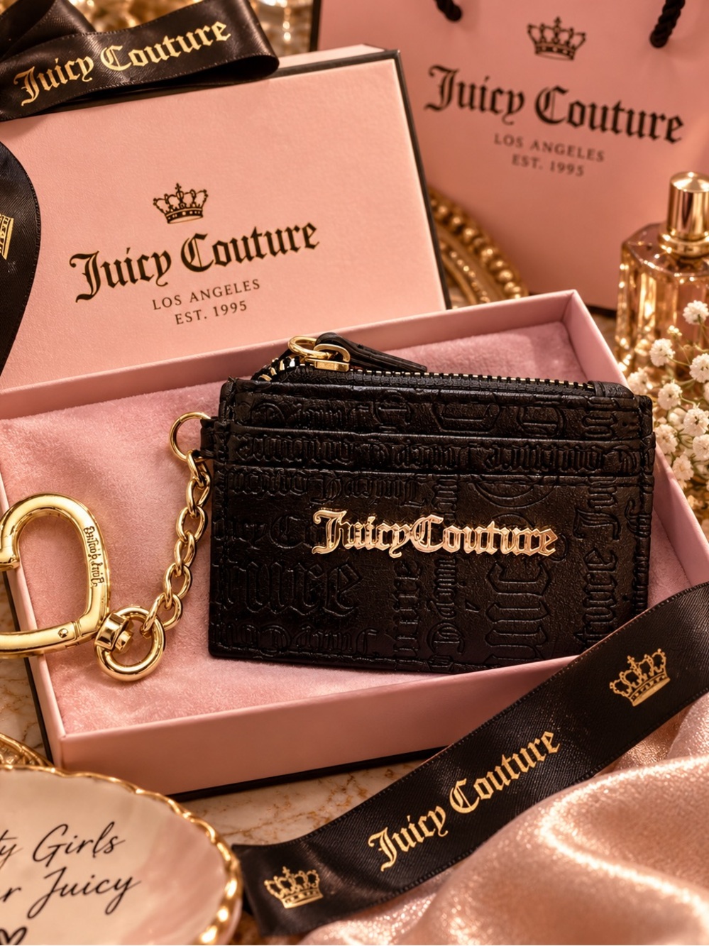 Juicy Couture Black Embossed Cardholder with Gold Heart Key Ring
